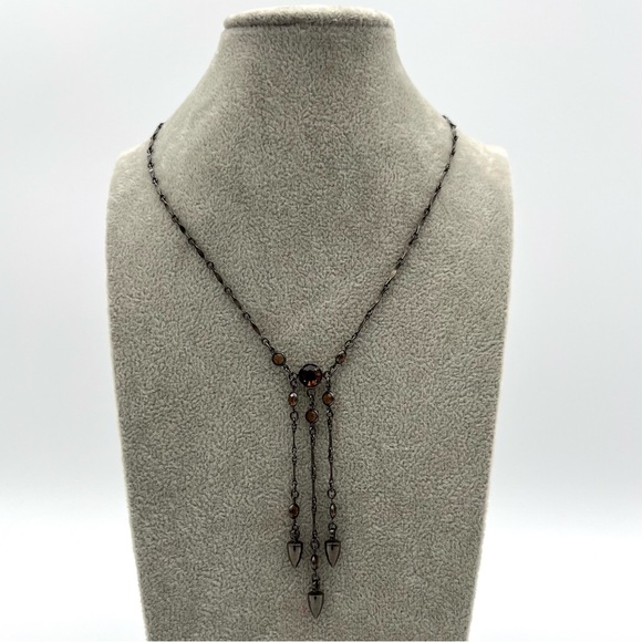 Cheryl Reis - Y-Drop Chain Bezel Set Amber Glass Gunmetal 90’s Necklace - Picture 1 of 6